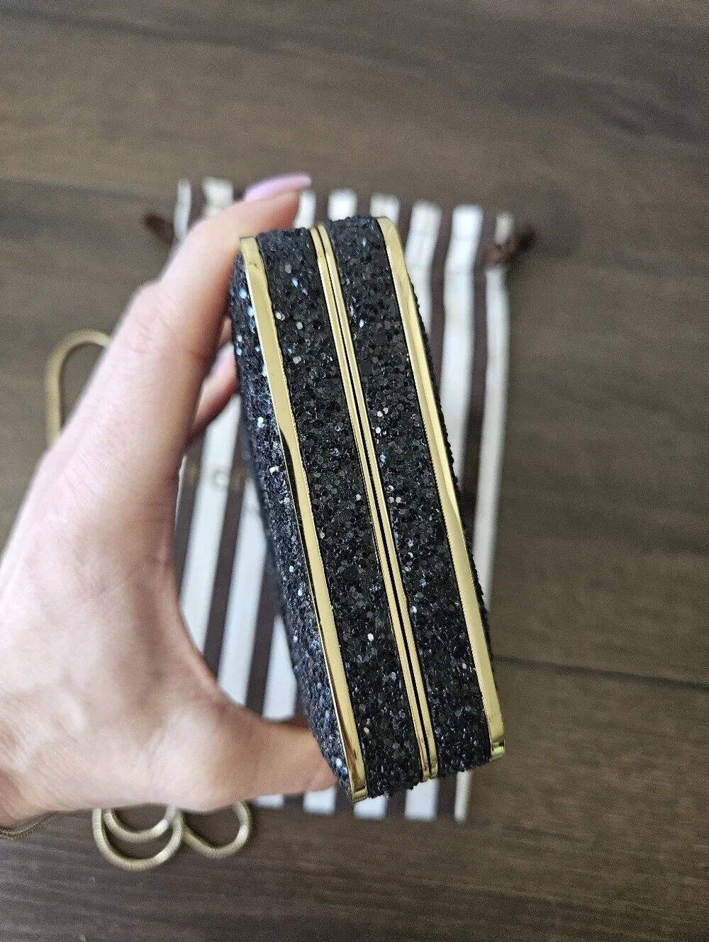 HENRI BENDEL Black Glitter Box Clutch Crossbody Evening Bag Gold Hardware +Dusty